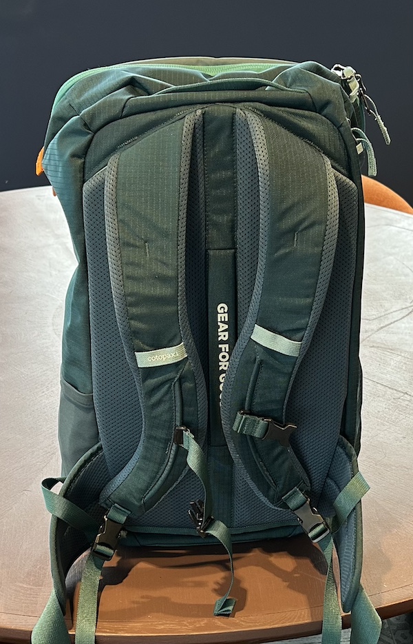 Back view of Backpack with shoulder straps and hip and chest belts.