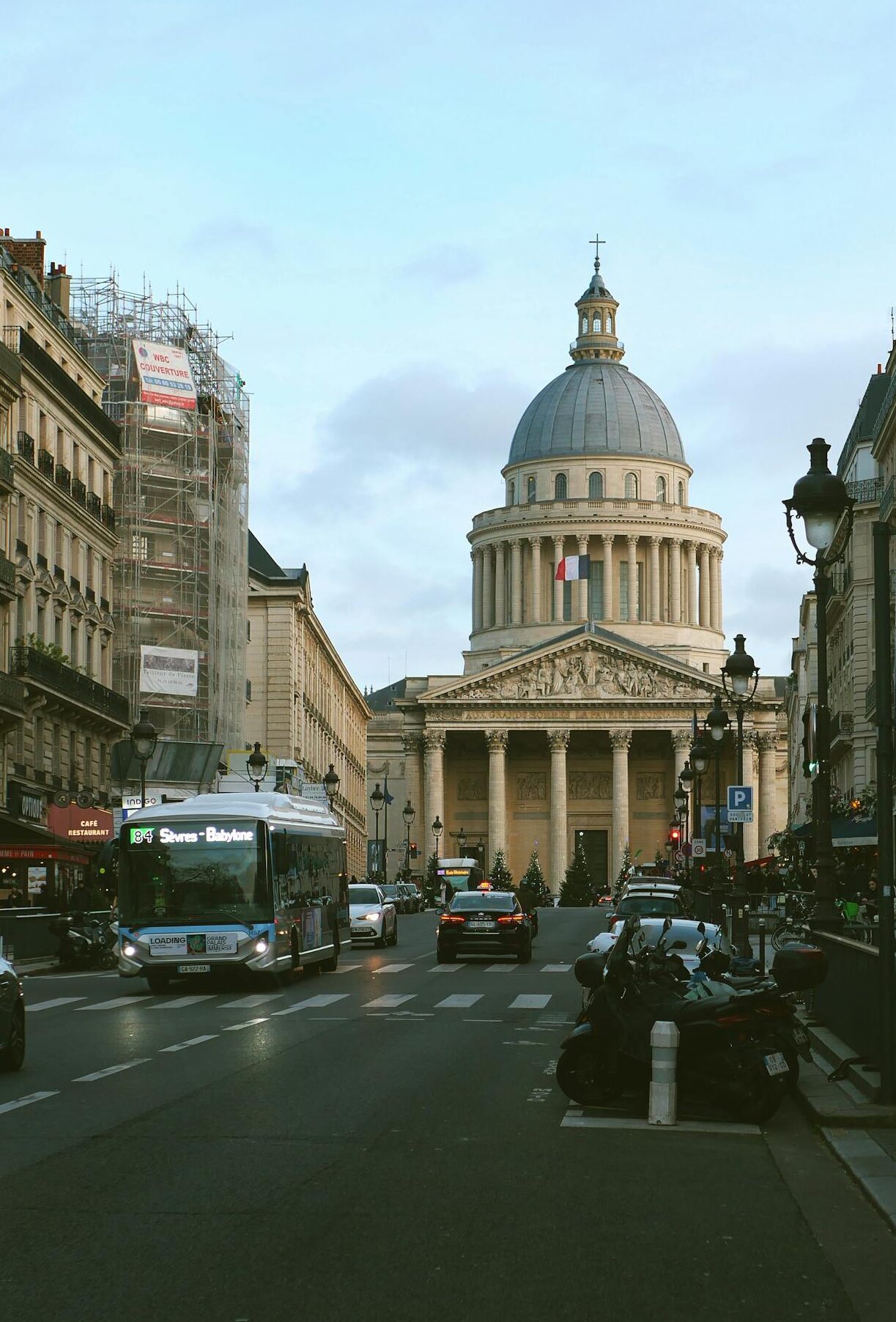 Bus in front of the Pantheon in Paris. Paris buses feature ramps, allowing people of all mobility levels to utilize them
